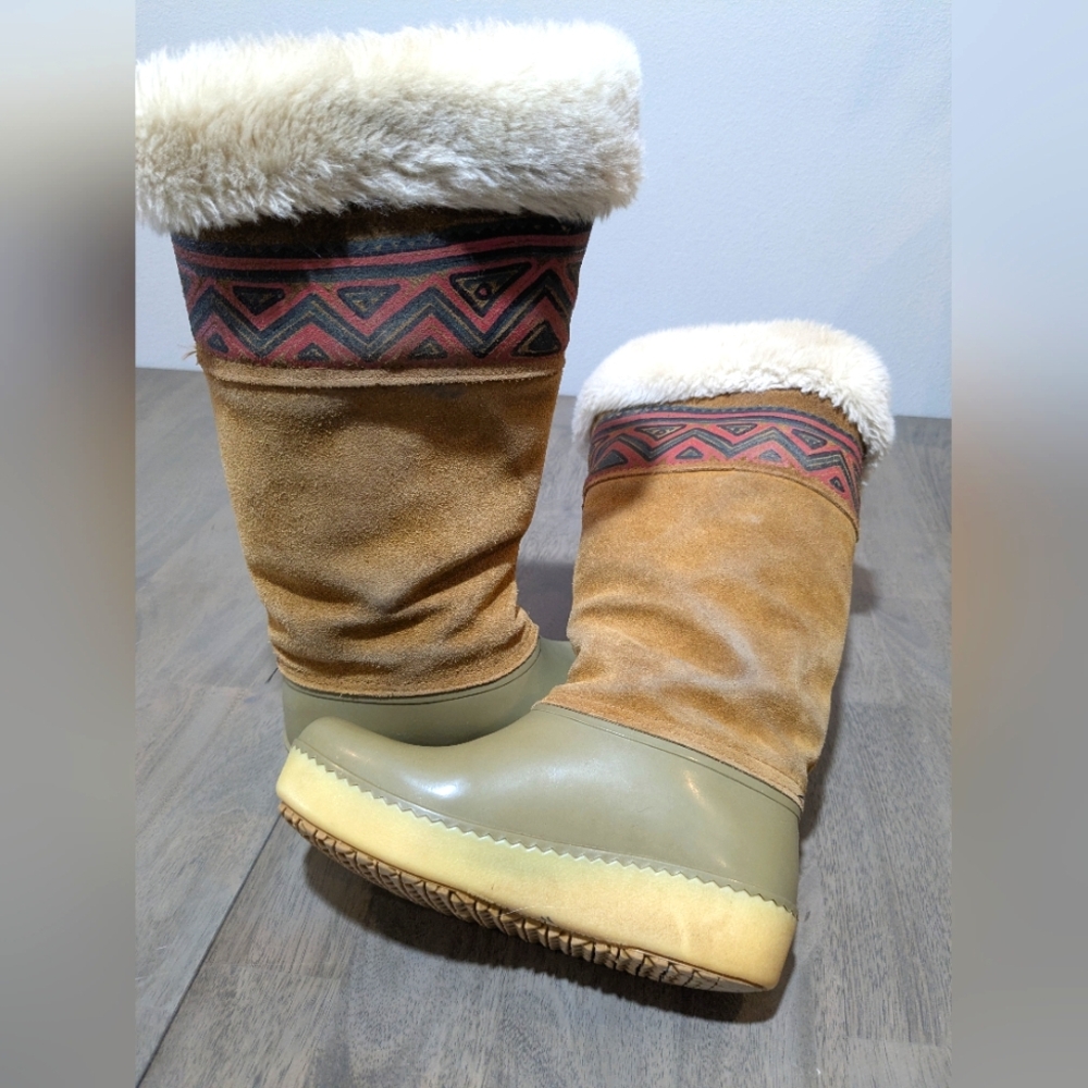 Baffin Suede Shearling Tall Duck Boot Tribal Chevron Band 6.5 - Picture 10 of 10